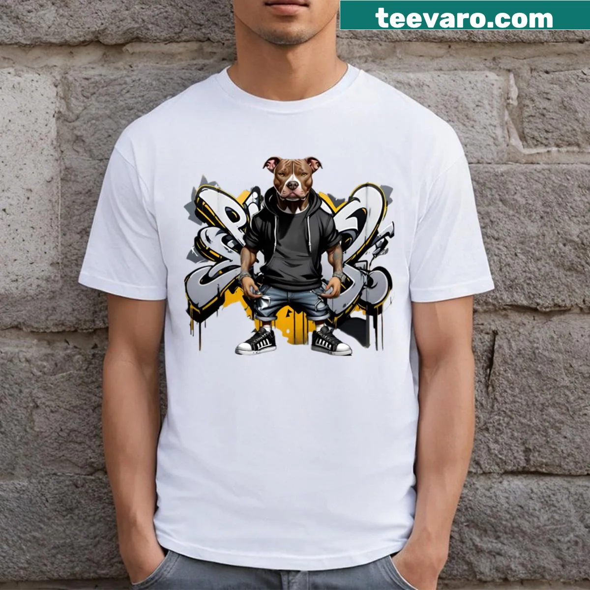 T-shirt with urban graffiti-style lion illustration — on a men's t-shirt