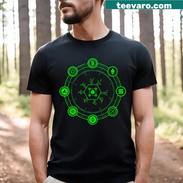 Symbolic graphics representing cryptocurrency rituals on a t-shirt