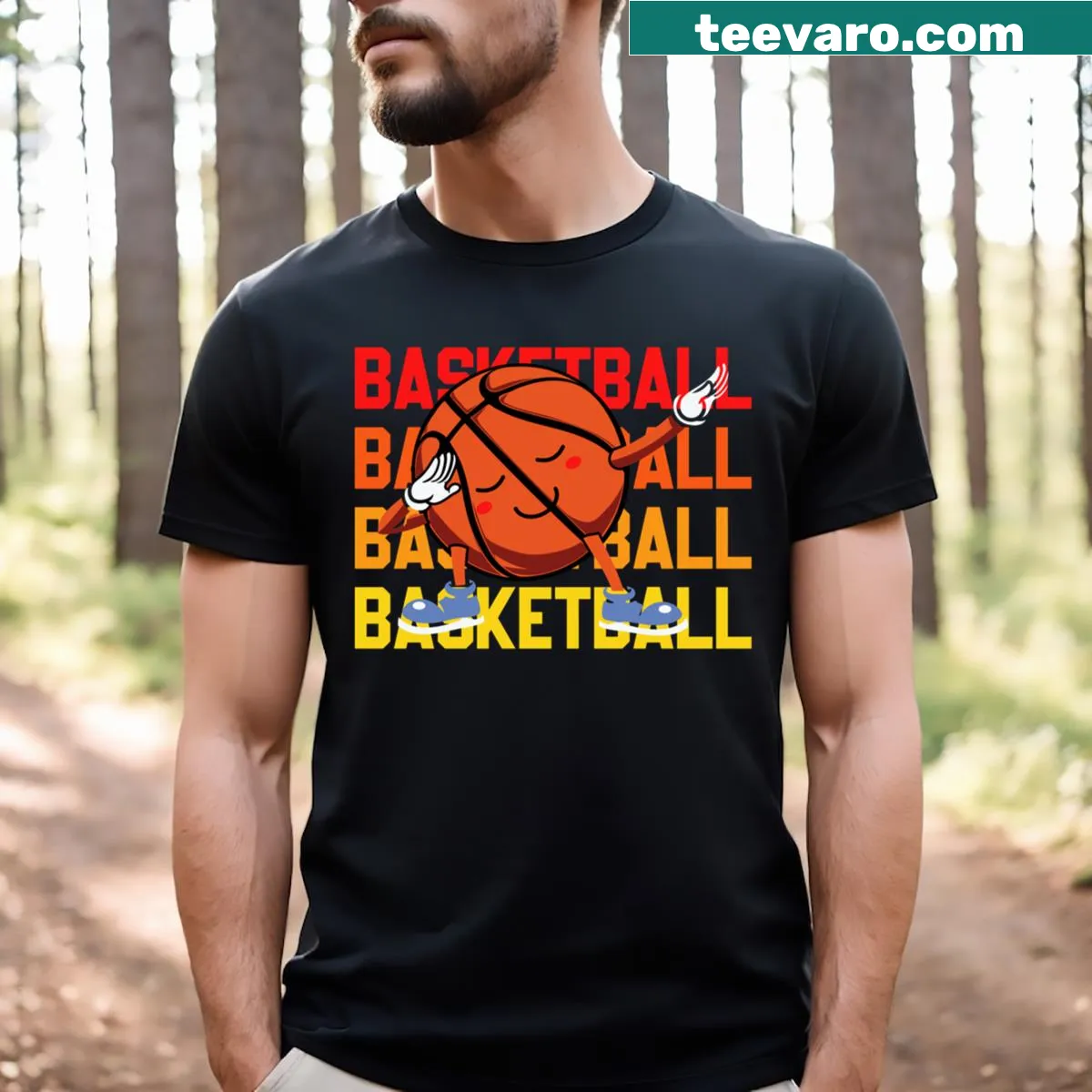 Basketball themed t-shirt featuring a dabbing basketball character — on a men's t-shirt