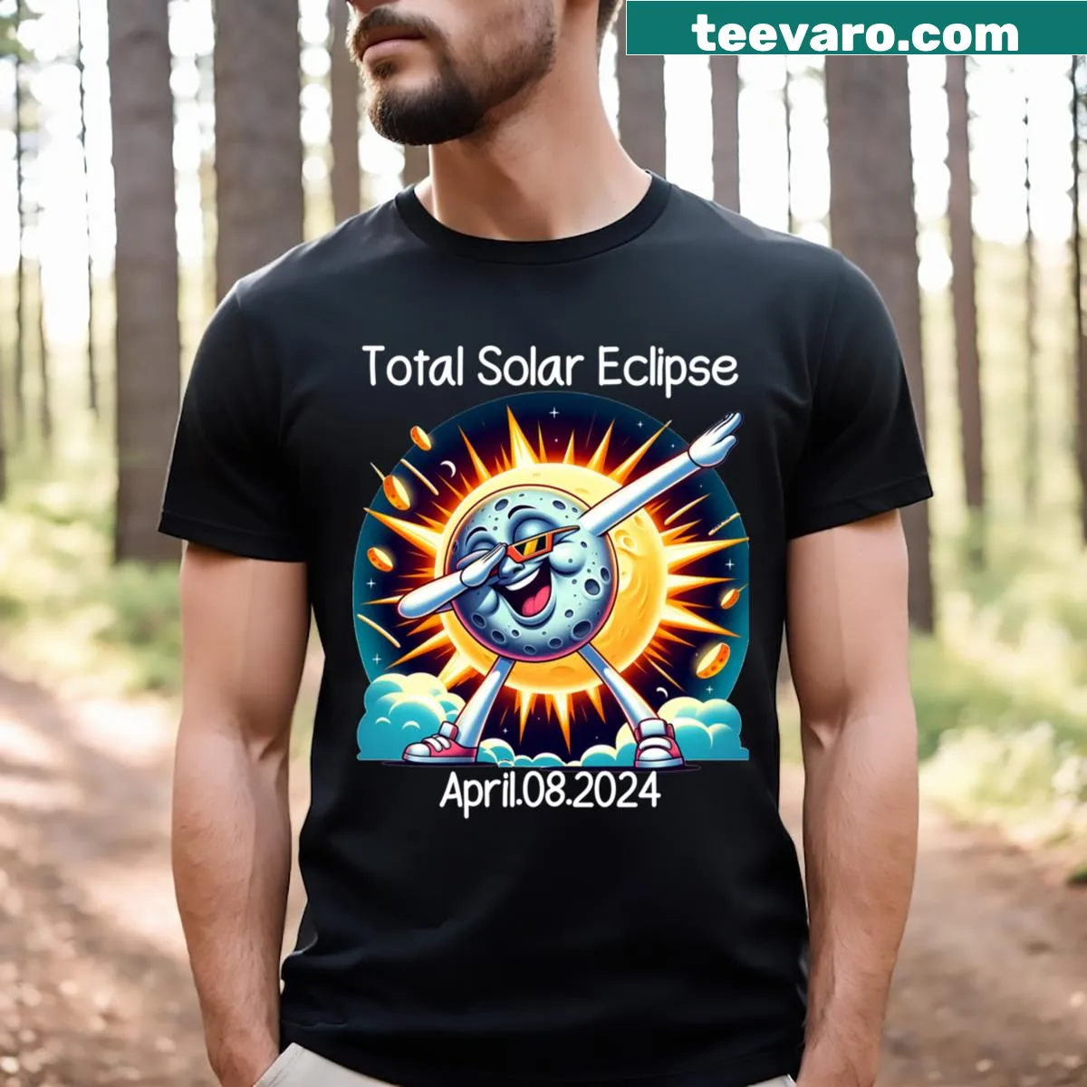 Solar eclipse t-shirt featuring a dabbing sun character — on a men's t-shirt