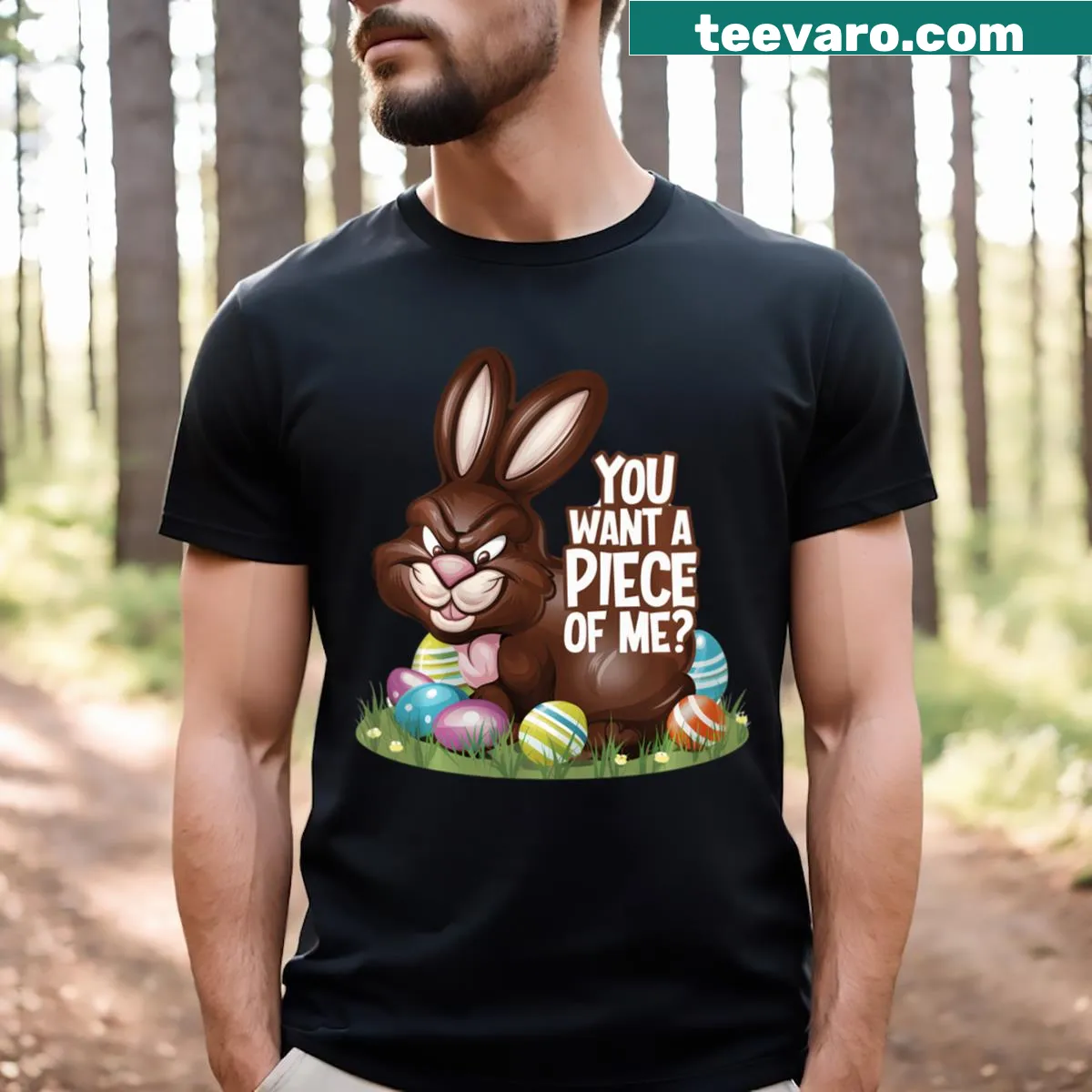 Cute T-shirt featuring a cartoon chocolate bunny for Easter. — on a men's t-shirt