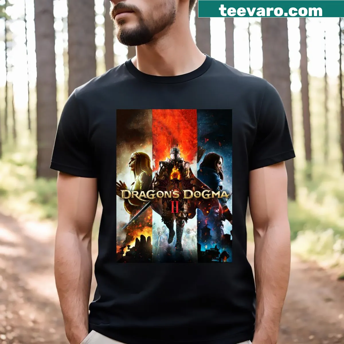 T-shirt featuring design inspired by Dragons Dogma 2 video game. — on a men's t-shirt
