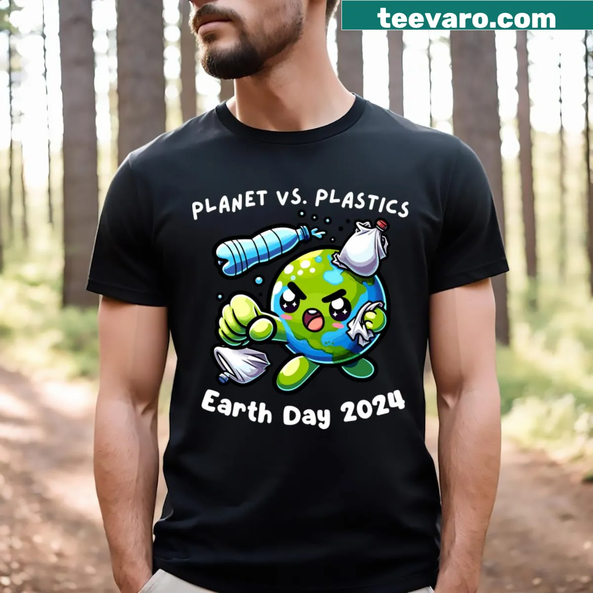 Cute Earth Day 2024 shirt featuring planet vs plastics design. — on a men's t-shirt