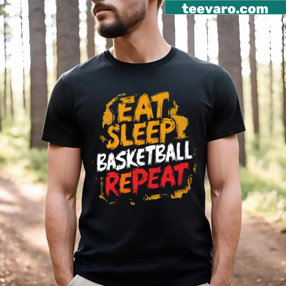 Basketball themed t-shirt with Eat Sleep Basketball Repeat text — on a men's t-shirt