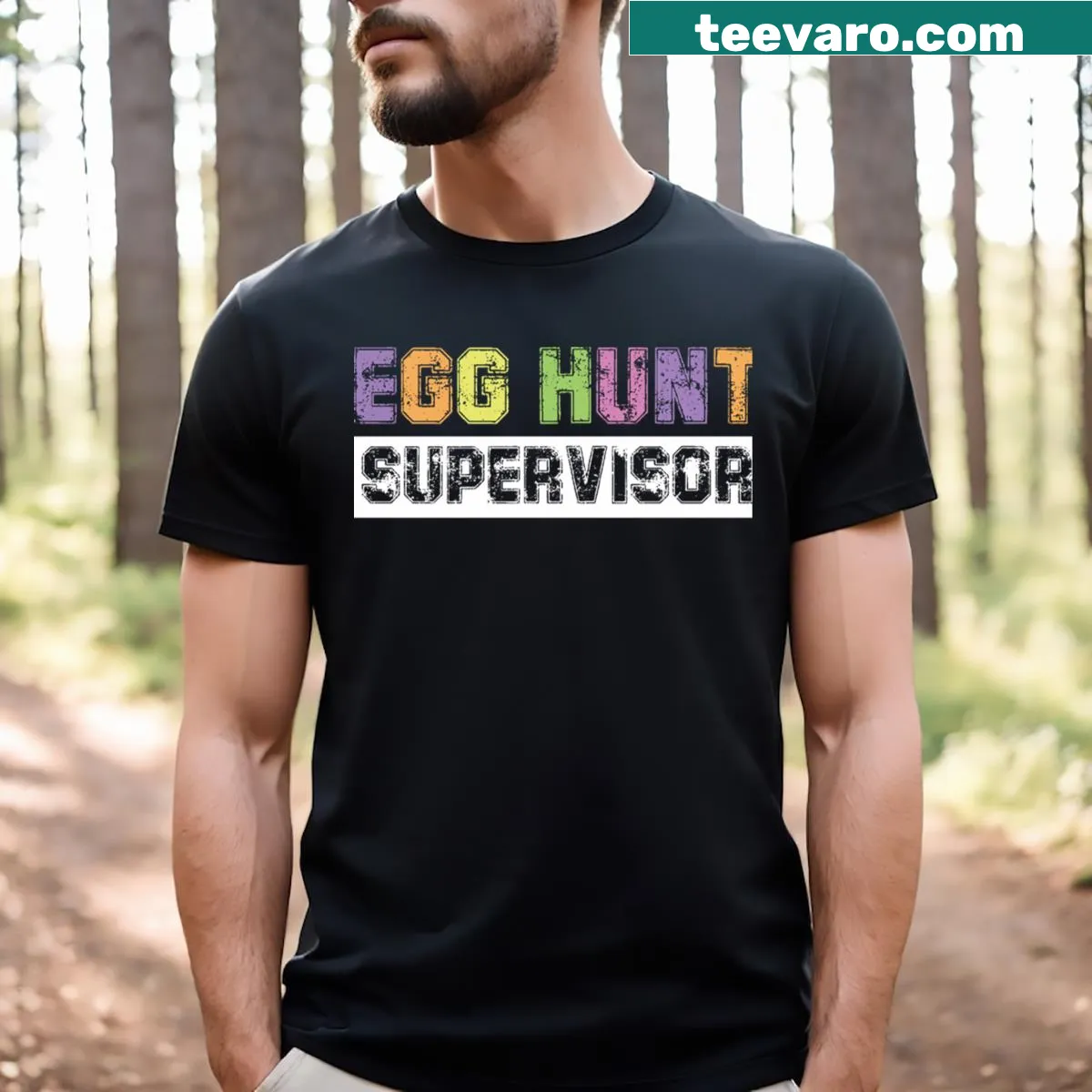 Egg Hunt Supervisor t-shirt with playful typography for Easter — on a men's t-shirt
