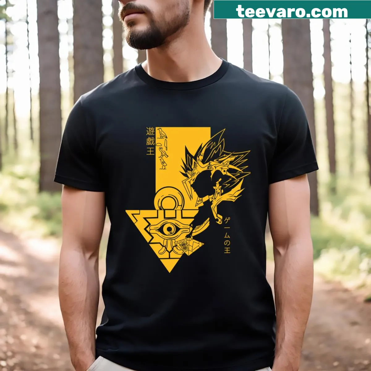Egyptian Duel Master t-shirt with intricate warrior illustrations — on a men's t-shirt
