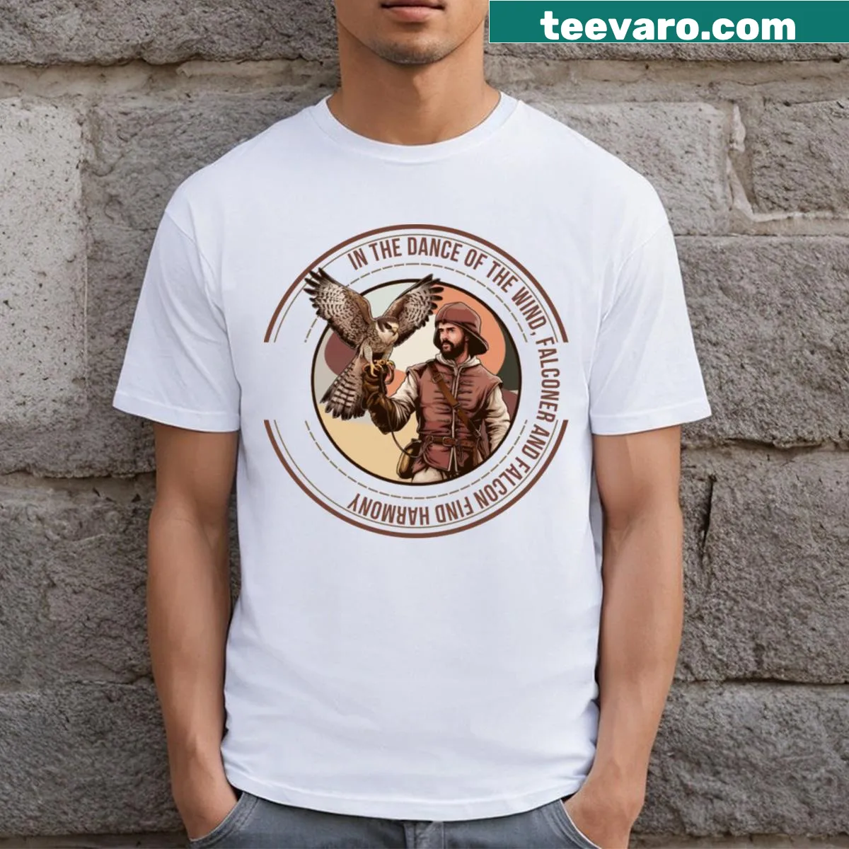 Falconer and falcon t-shirt with detailed illustration of bird and handler — on a men's t-shirt
