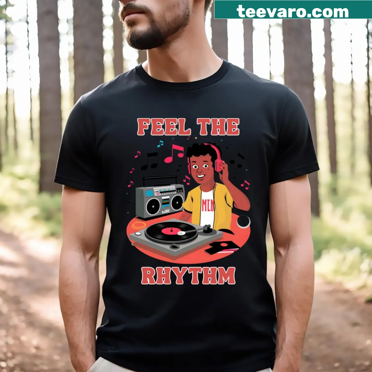 Playful typography T-shirt celebrating 1980s music — on a men's t-shirt