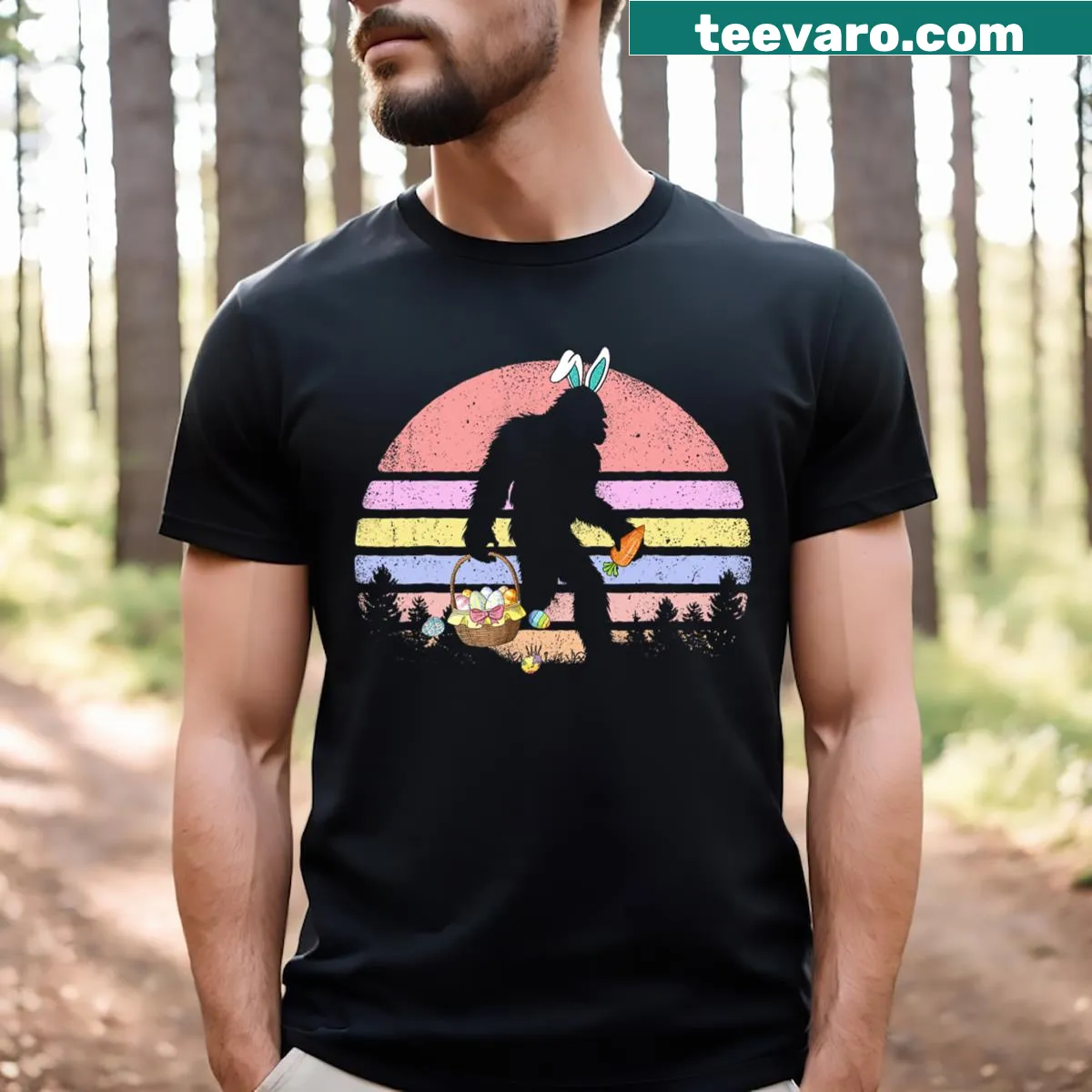Vintage Bigfoot design holding an Easter basket graphic t-shirt for boys — on a men's t-shirt