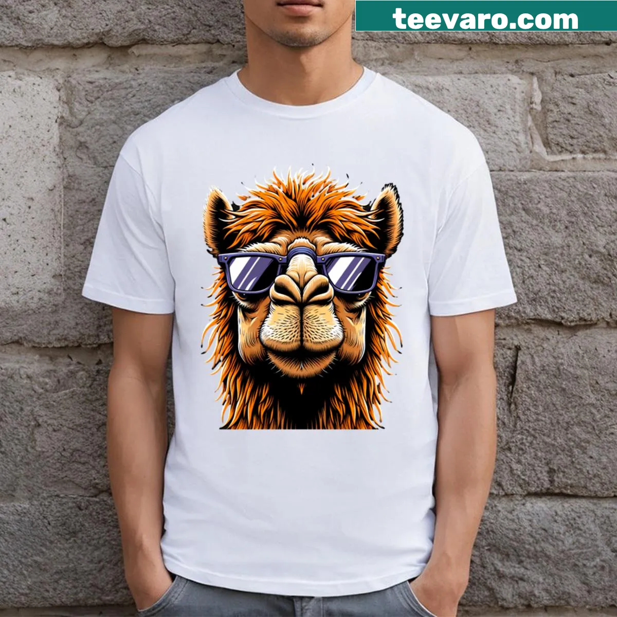 Cute camel-themed T-shirt with cartoon graphic — on a men's t-shirt