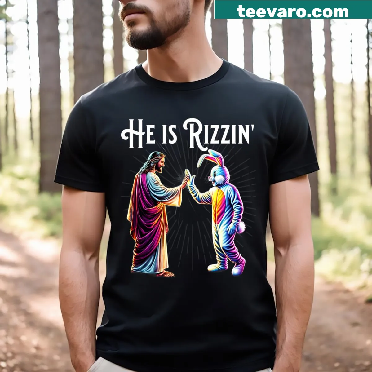 Humorous Easter-themed T-shirt featuring Jesus and a High Five Easter Bunny graphic. — on a men's t-shirt