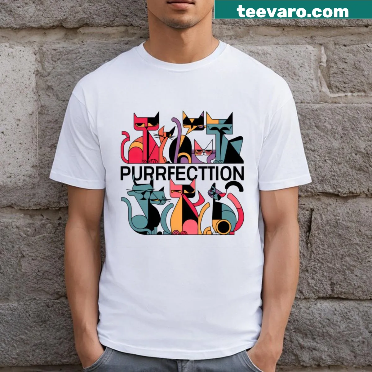 Geometric cat graphic with humorous text on a T-shirt — on a men's t-shirt