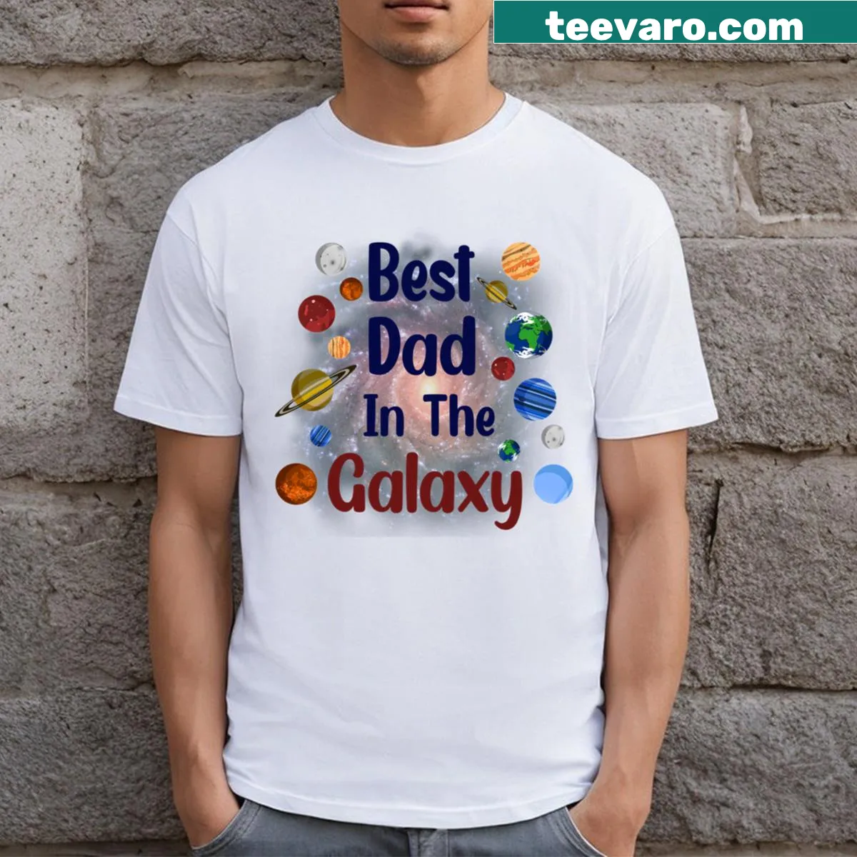 T-shirt declaring Greatest Father In The Universe — on a men's t-shirt