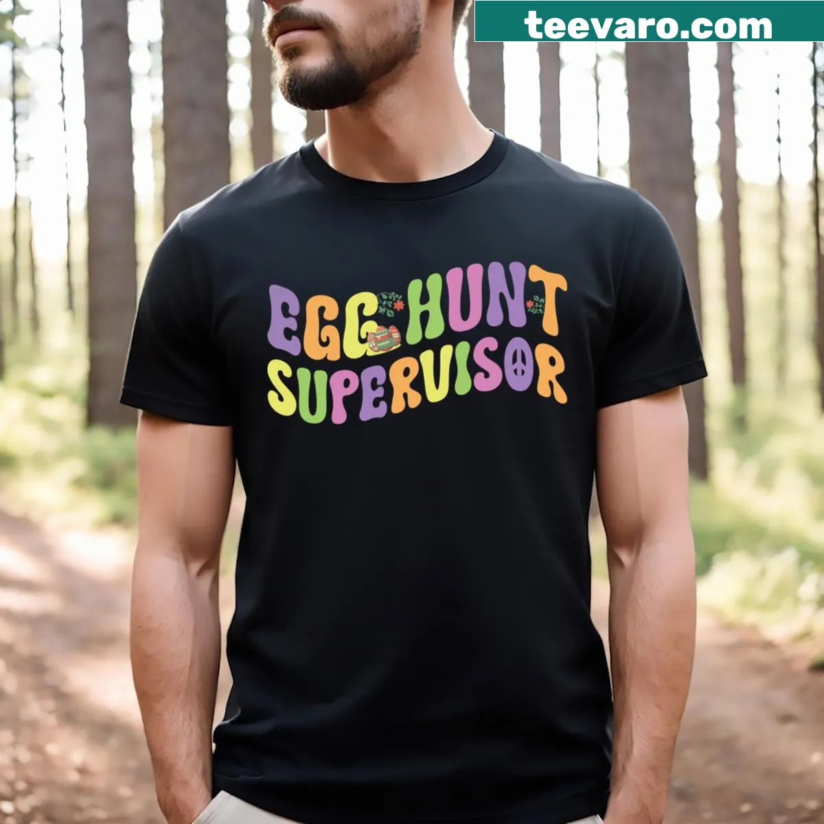 Playful cartoon T-shirt for Easter egg hunt supervisors — on a men's t-shirt