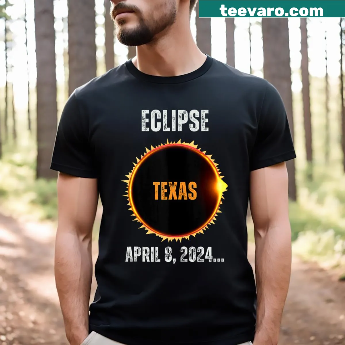 T-shirt featuring 'Happy Texas Eclipse April 8 2024' text design — on a men's t-shirt