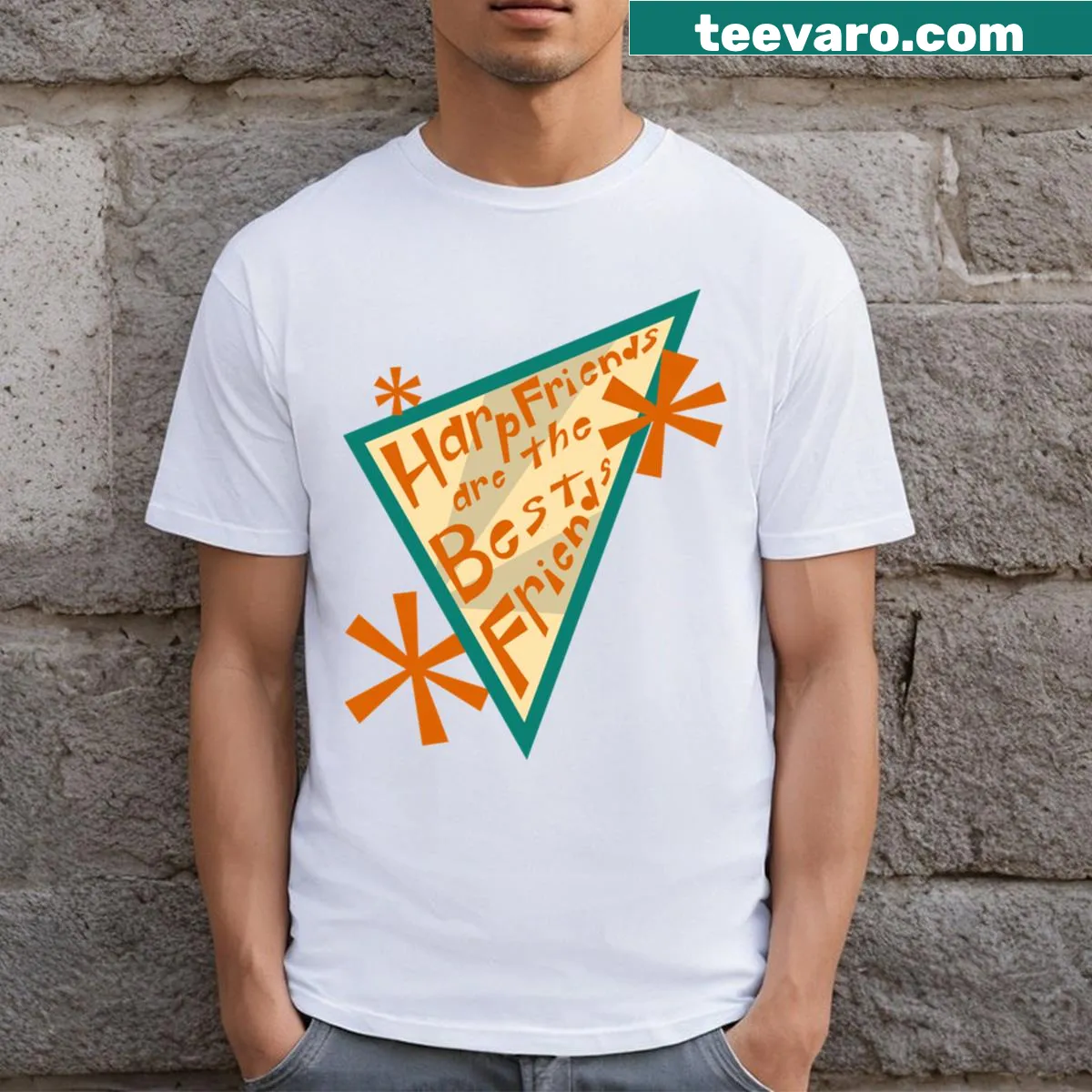 T-shirt with a playful harp design and humorous text — on a men's t-shirt