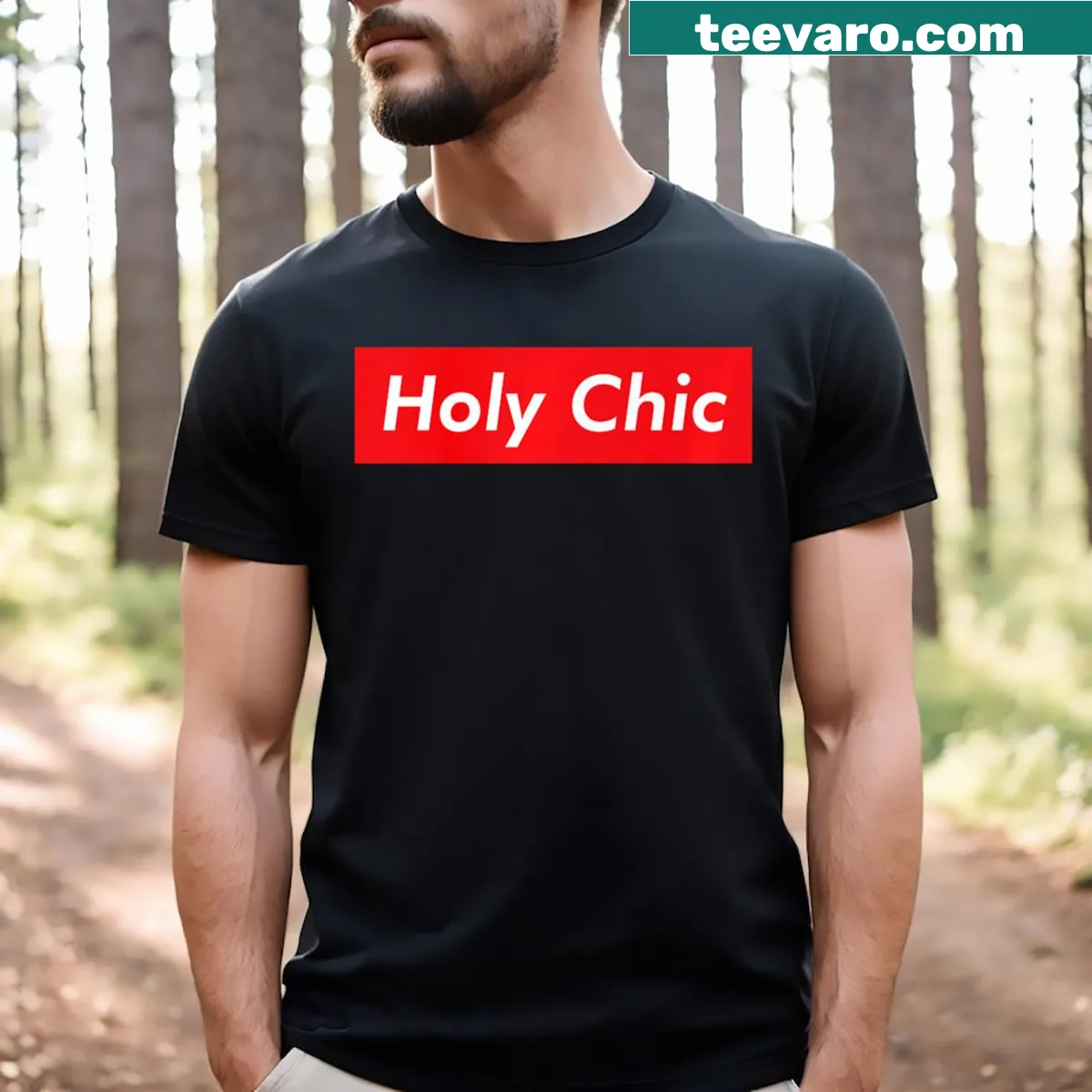 Trendy typography t-shirt with the phrase 'Holy Chic' — on a men's t-shirt