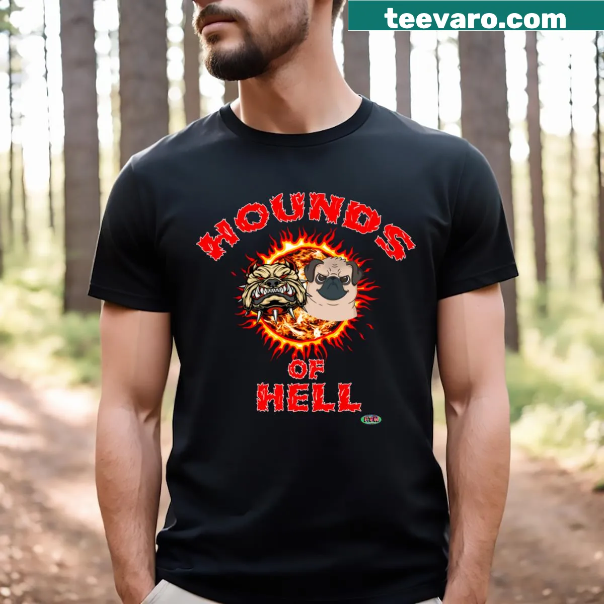 Graphic t-shirt featuring fierce hounds illustration — on a men's t-shirt