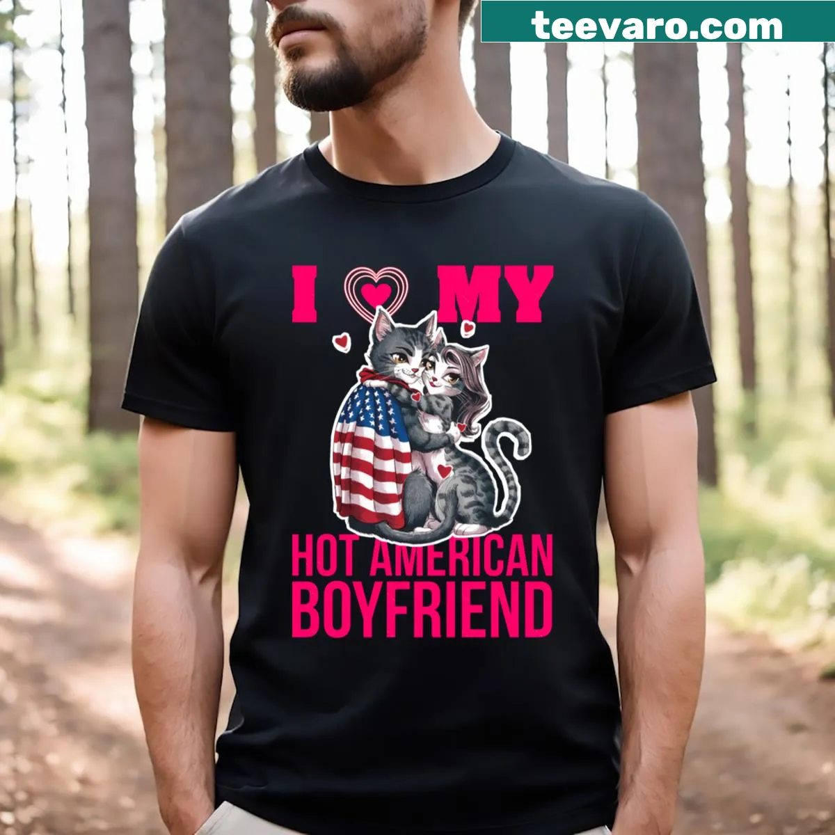 Adorable t-shirt featuring a cat couple design expressing love — on a men's t-shirt