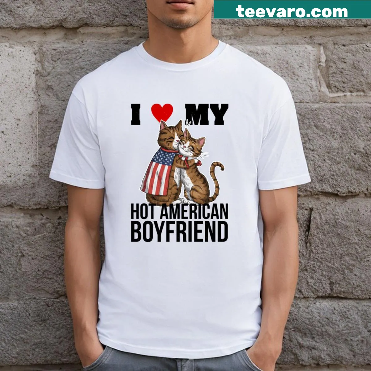 Cute cat couple t-shirt with loving text design — on a men's t-shirt