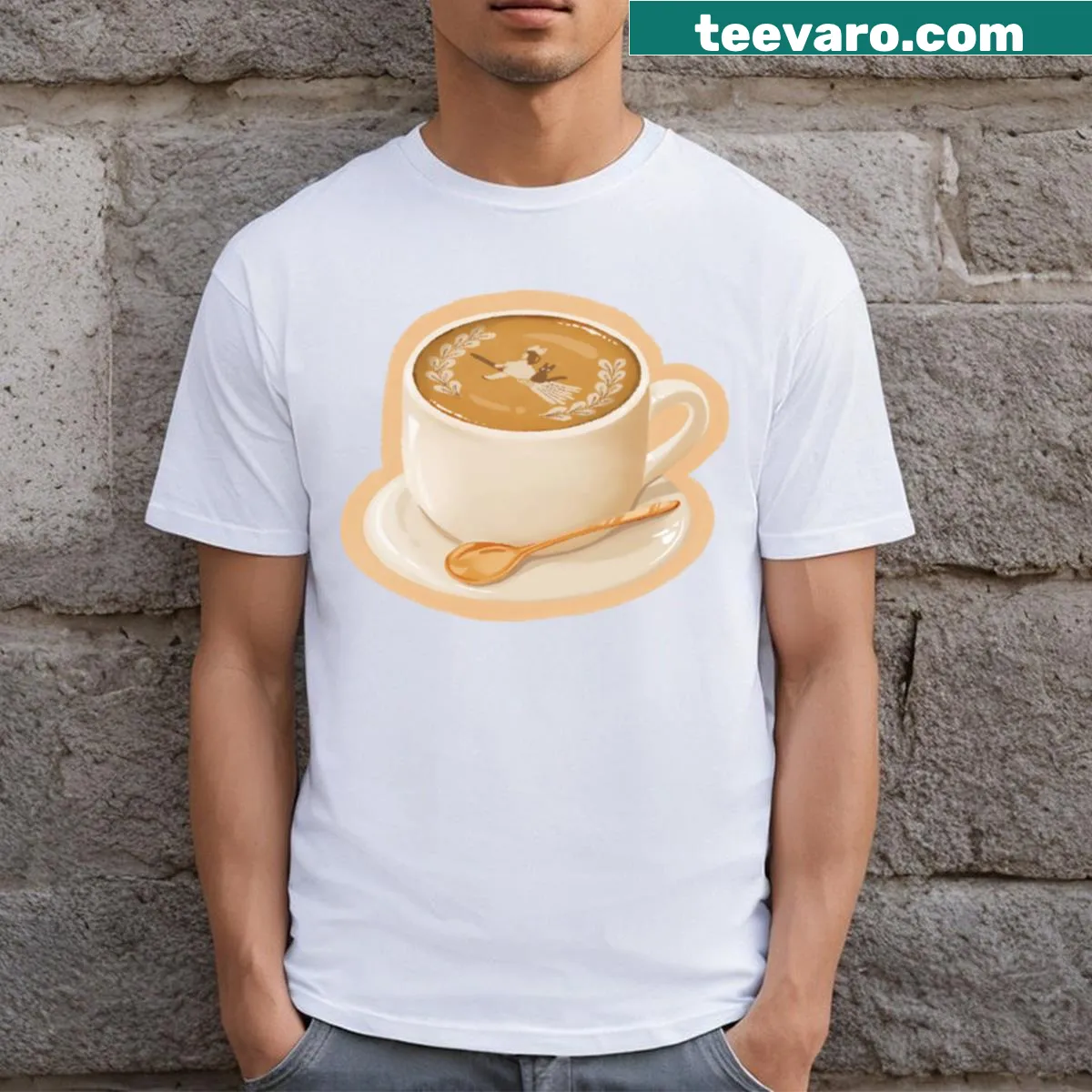 Kiki's Delivery Service latte cafe art illustration t-shirt — on a men's t-shirt