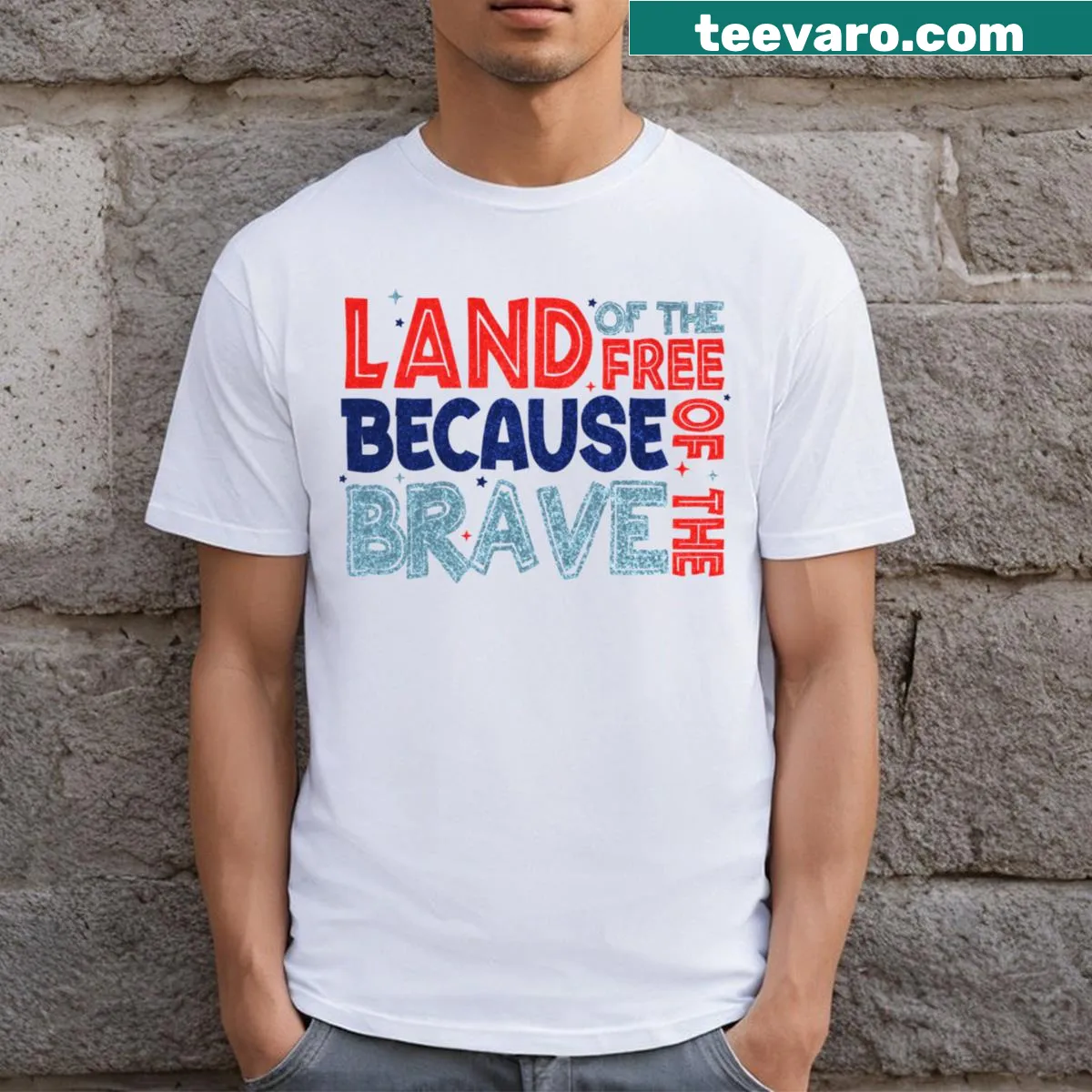Patriotic T-shirt with Land Of The Free message — on a men's t-shirt