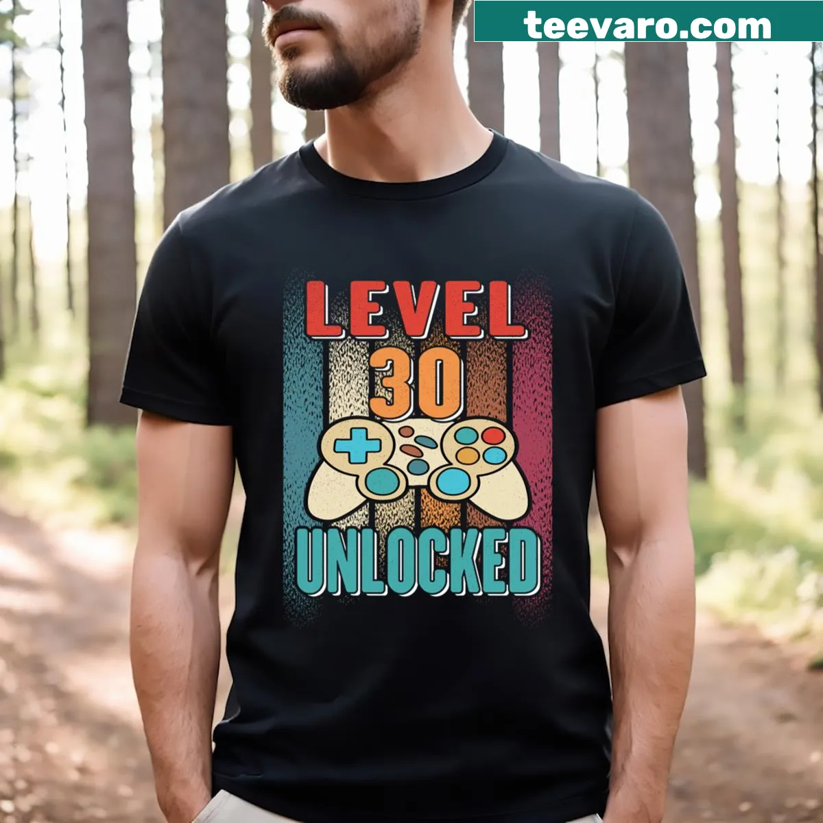 Level 30 Unlocked video gamer t-shirt with playful typography — on a men's t-shirt