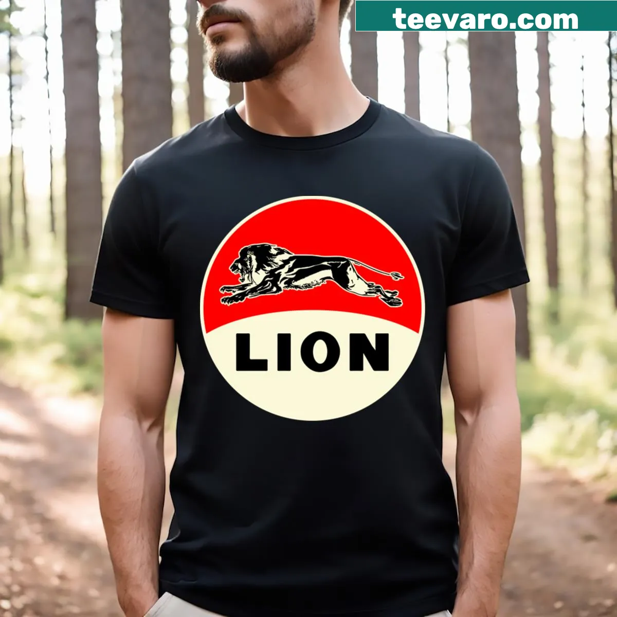 Vintage reproduction of Lion Gasoline sign on T-shirt — on a men's t-shirt