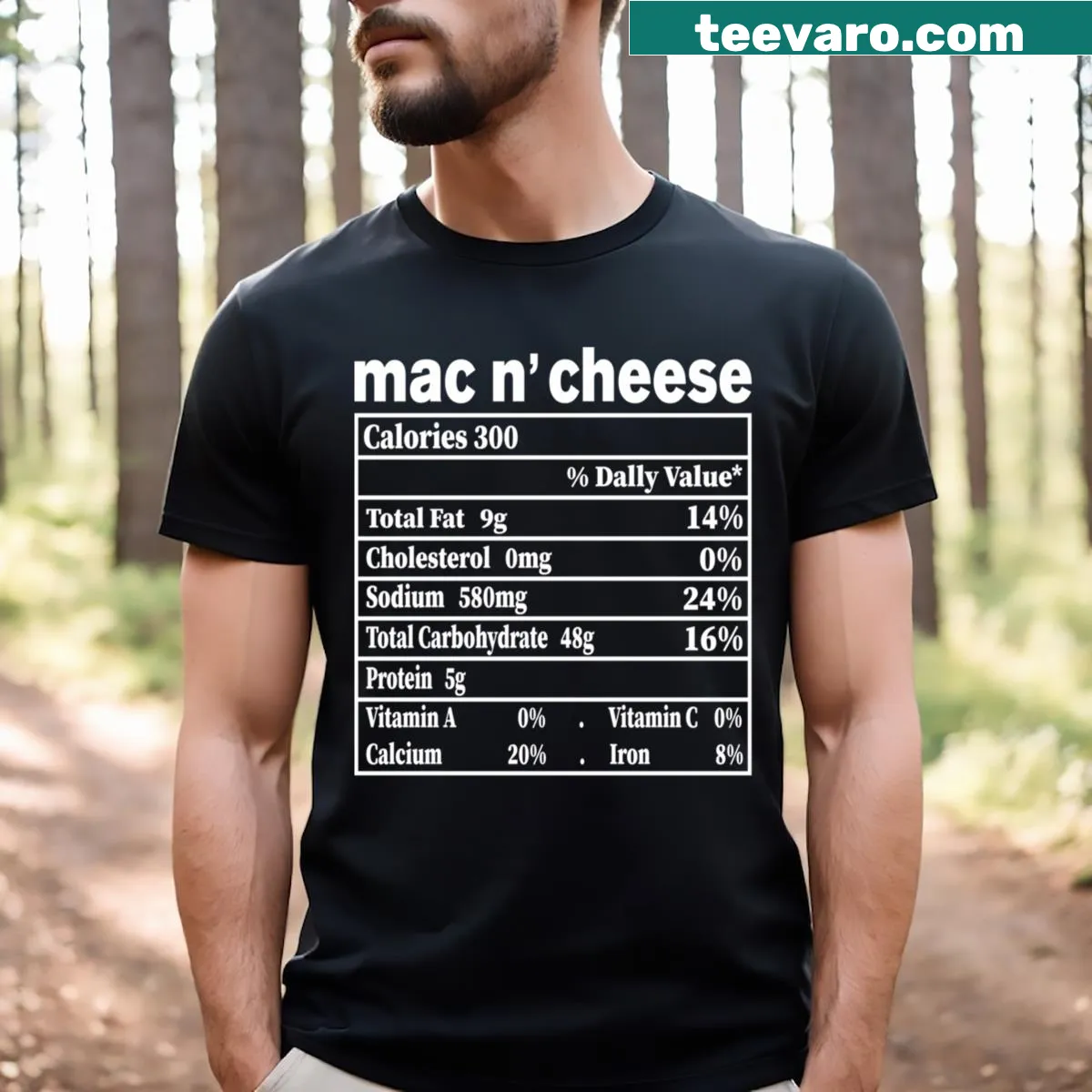 Funny mac and cheese nutrition graphic T-shirt for food lovers — on a men's t-shirt