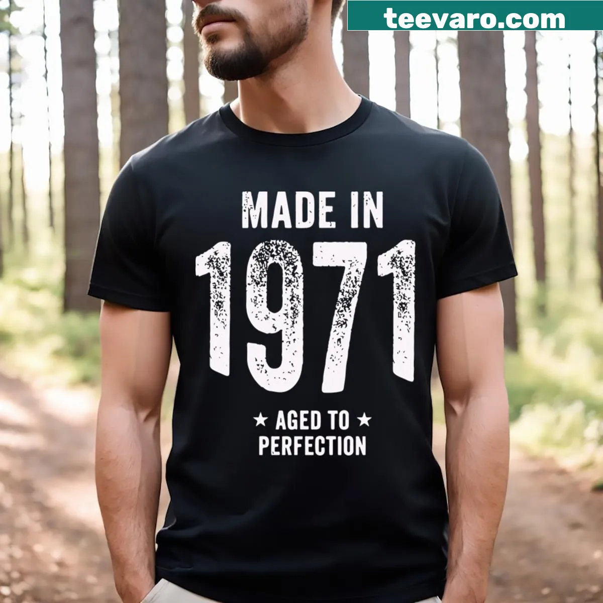 T-shirt featuring text that says 'Made In 1971' in a bold font — on a men's t-shirt