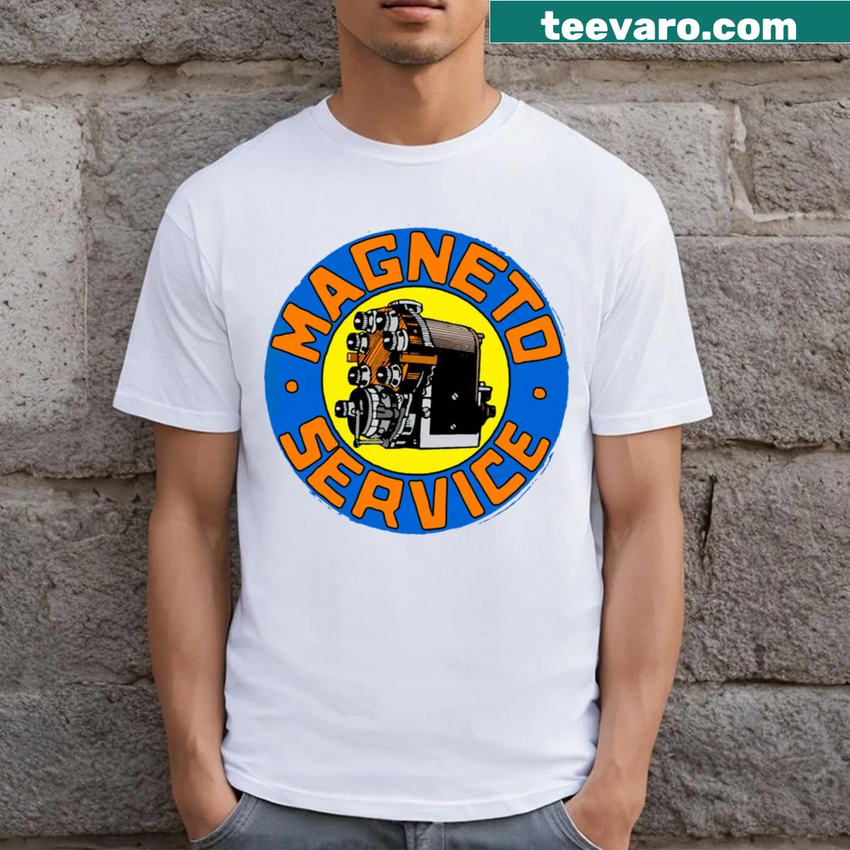 T-shirt displaying 'Magneto Service And Repair' text — on a men's t-shirt