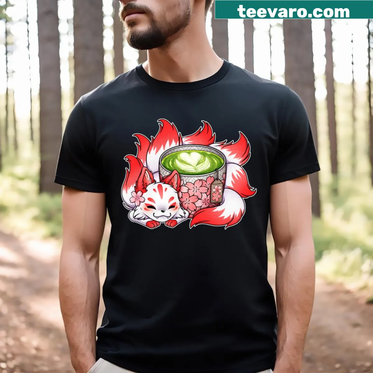 Relaxed fit T-shirt with a cute kitsune enjoying matcha illustration — on a men's t-shirt