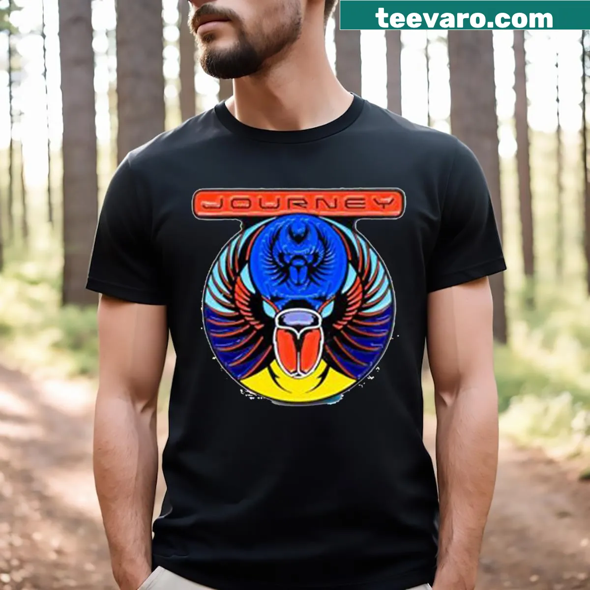 Minimalistic silhouette T-shirt representing a cosmic journey — on a men's t-shirt