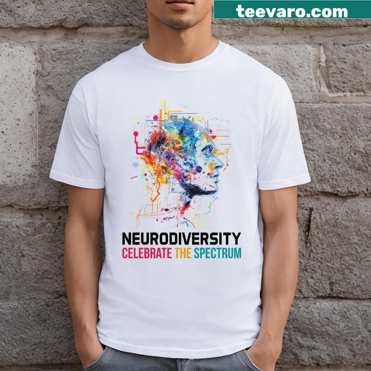Typography T-shirt promoting neurodiversity with 'Celebrate The Spectrum.' — on a men's t-shirt