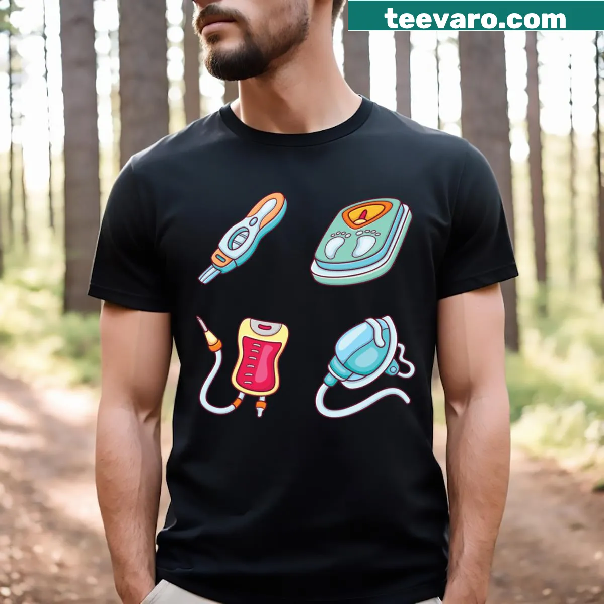 Nurse-themed t-shirt with a creative sticker pack design — on a men's t-shirt