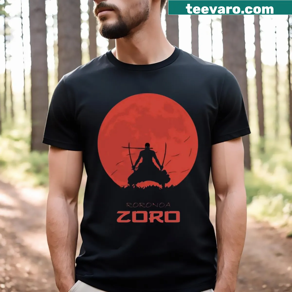 Illustration of Zoro from One Piece on an essential T-shirt — on a men's t-shirt