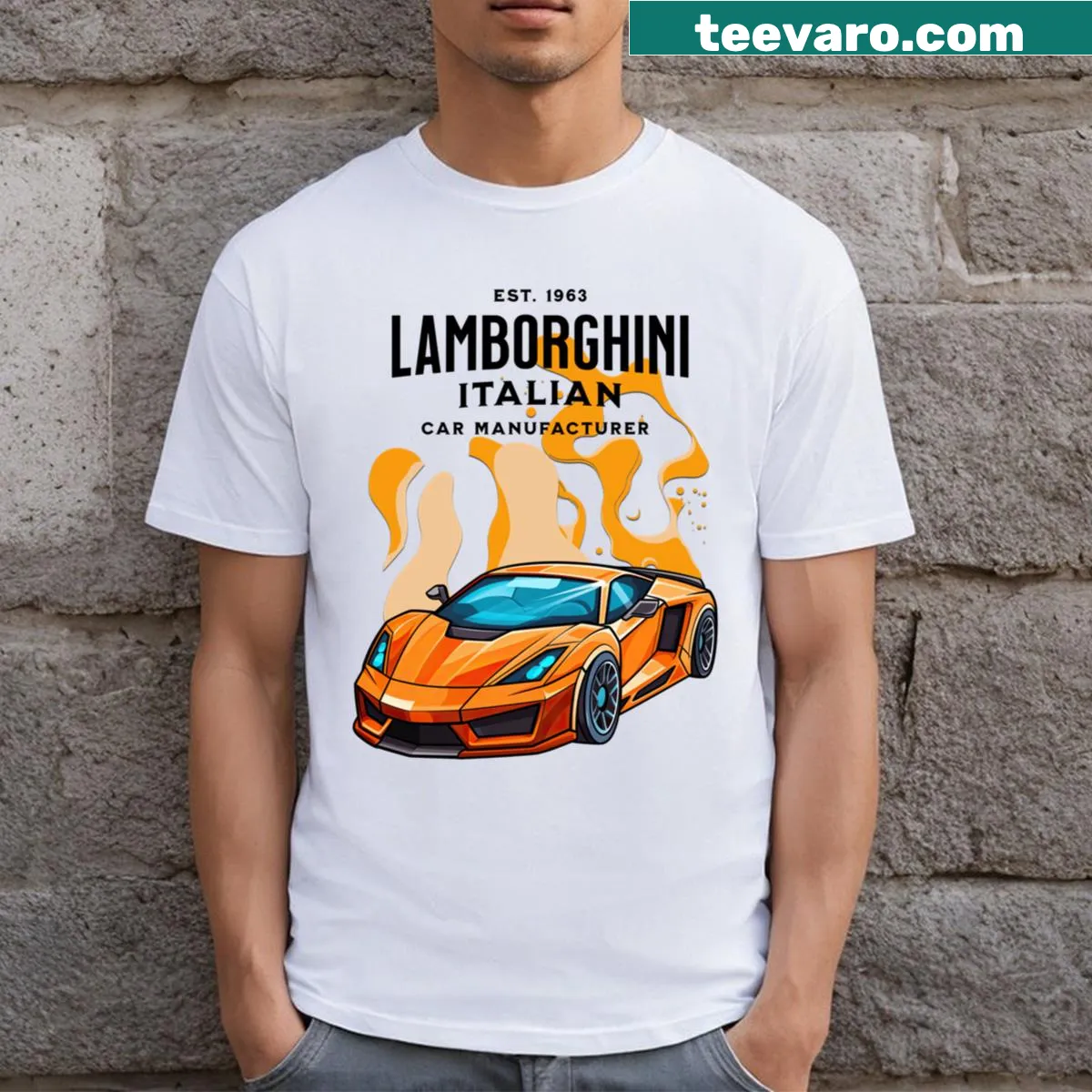 Retro Lamborghini Est 1963 graphic on an orange t-shirt — on a men's t-shirt