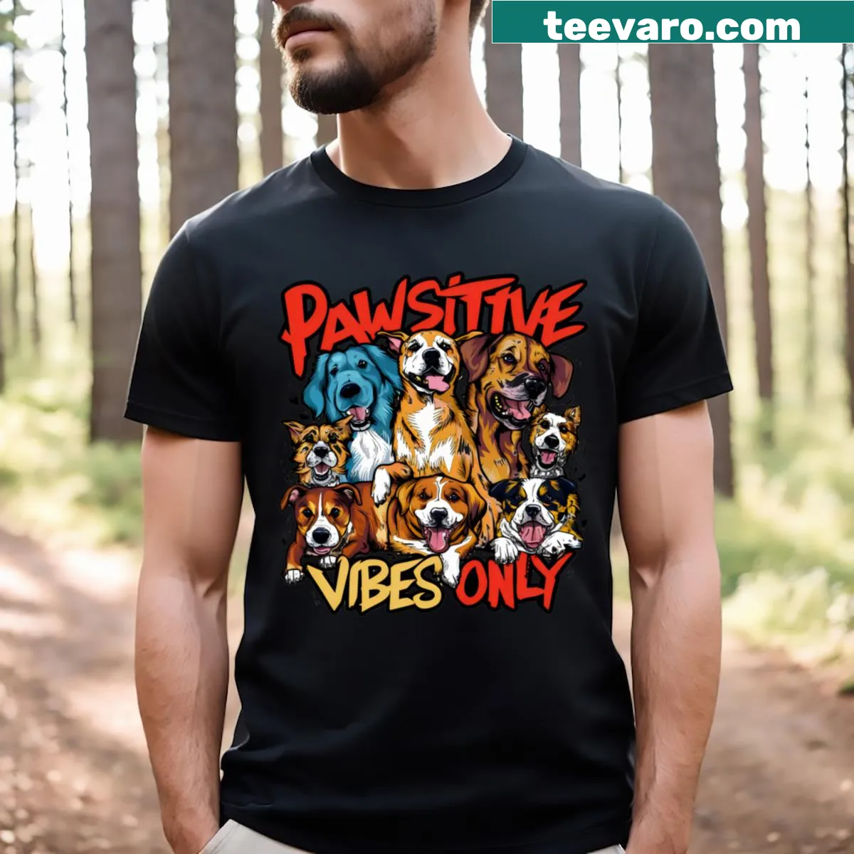 Illustration of cute dogs promoting positive vibes on a T-shirt — on a men's t-shirt