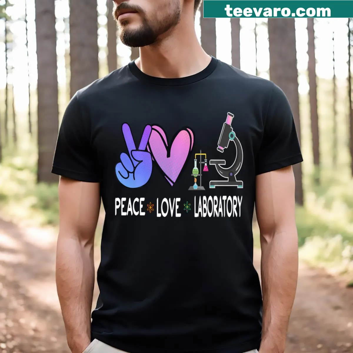 Typographic design with 'Peace Love Laboratory' text — on a men's t-shirt