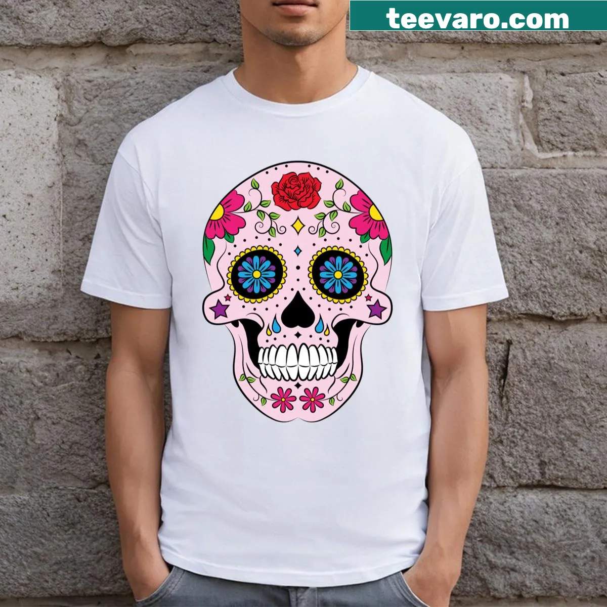 Illustrated pink skull design for Day of the Dead — on a men's t-shirt