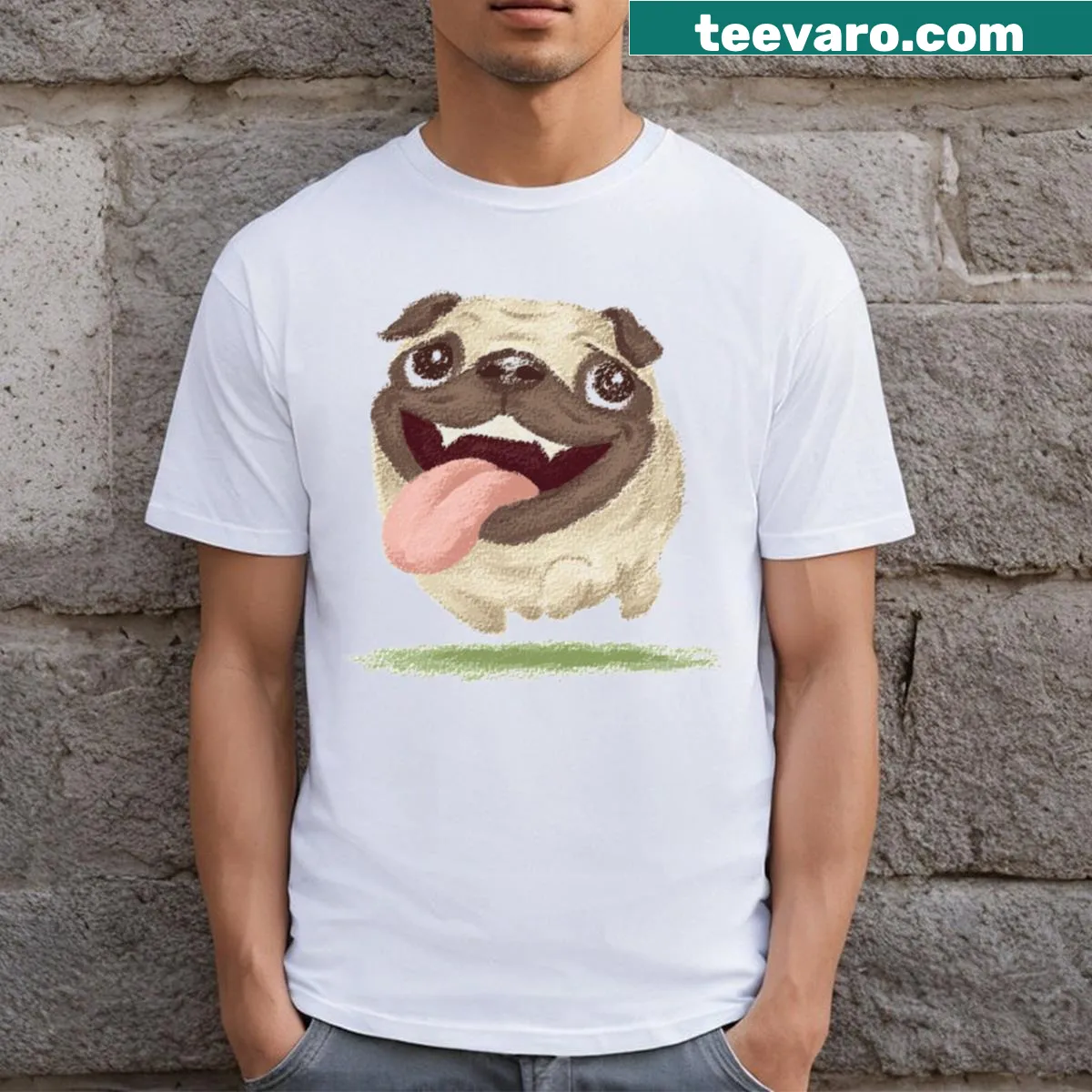 Cartoon design of a happy chunky pug on t-shirt — on a men's t-shirt