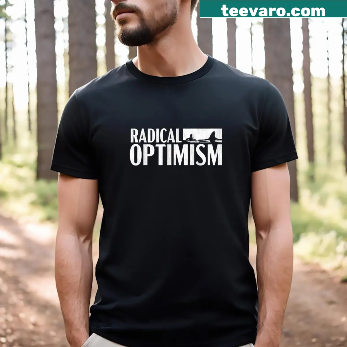 Inspirational Radical Optimism t-shirt with bold message — on a men's t-shirt