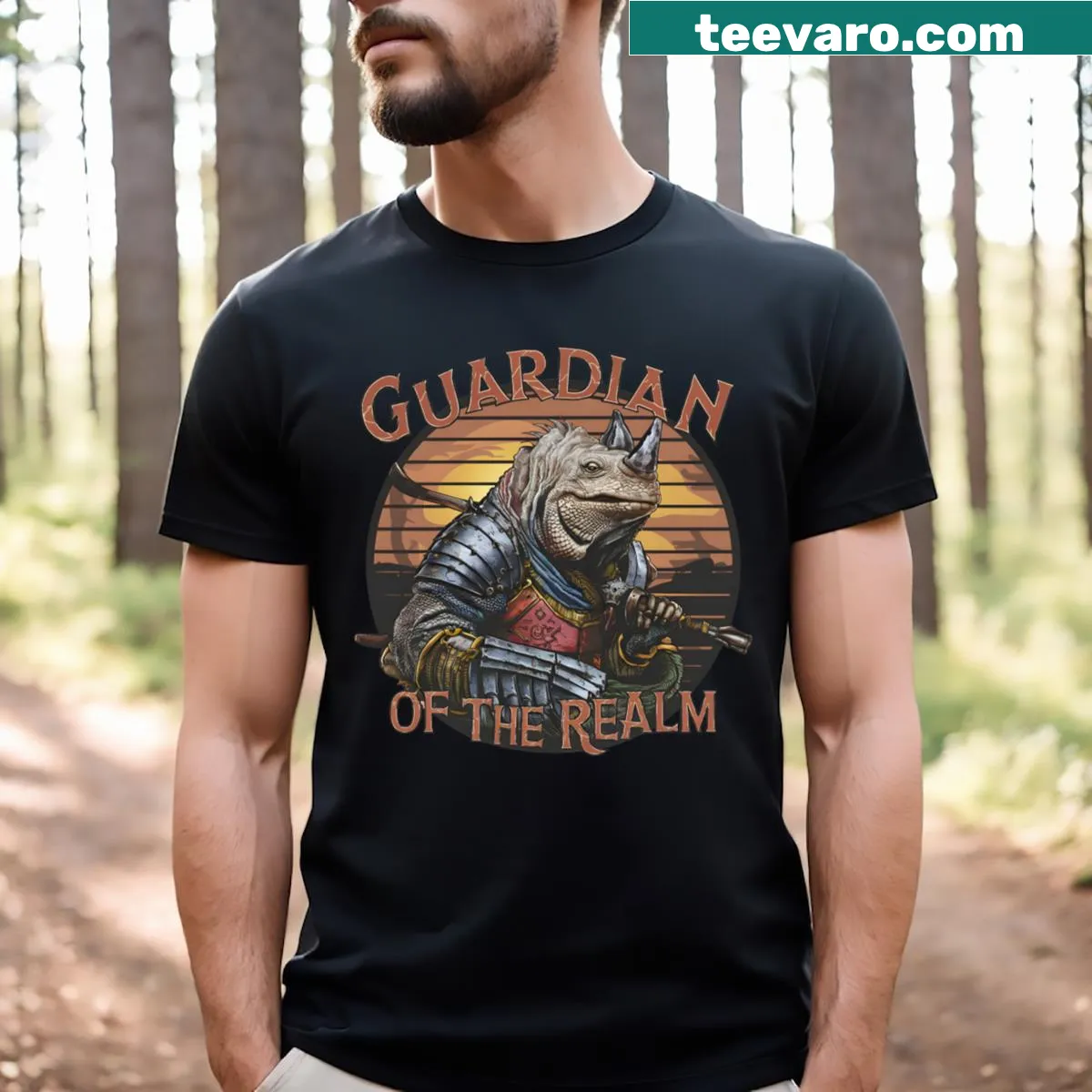 Fierce Rhino Iguana illustration T-shirt for wildlife enthusiasts — on a men's t-shirt