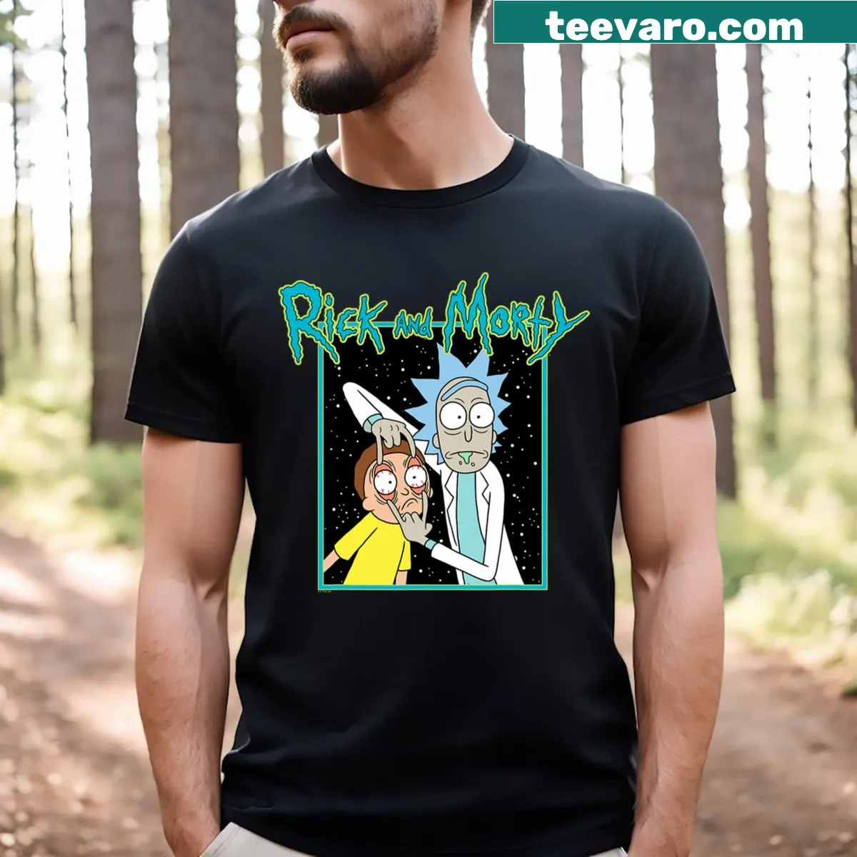 Cartoon graphic t-shirt featuring Morty from Rick And Morty in outer space — on a men's t-shirt
