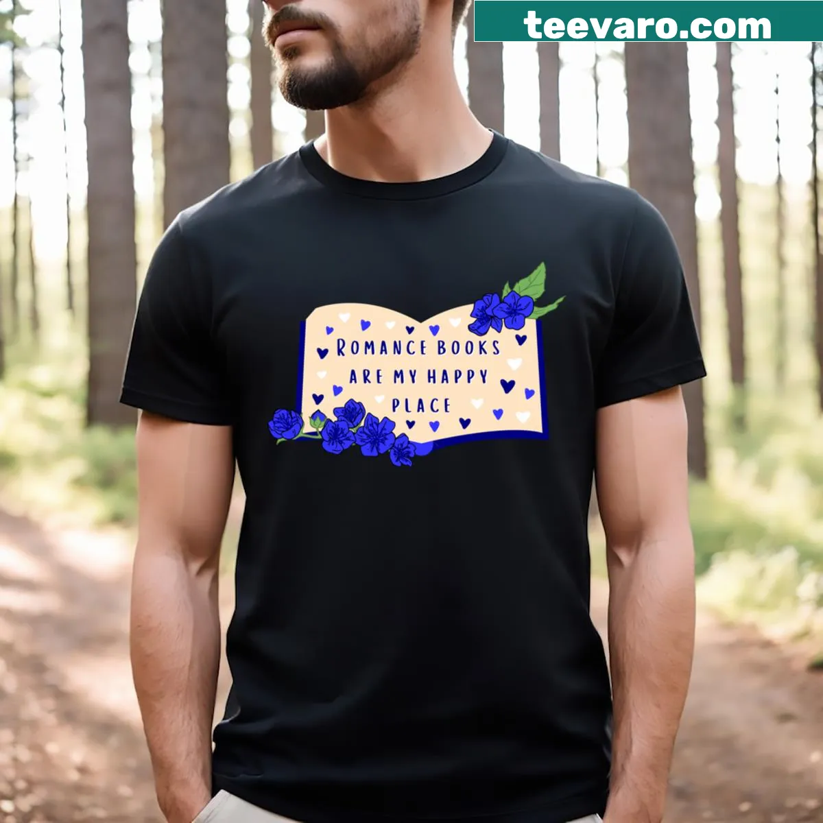 Artistic design featuring books and hearts celebrating romance reading — on a men's t-shirt