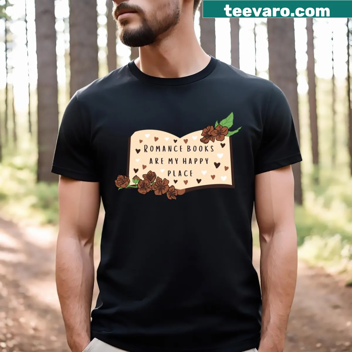 Whimsical design featuring romance books and hearts for readers — on a men's t-shirt