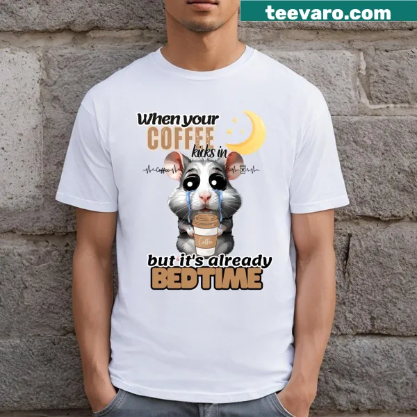 Funny Hamster t-shirt depicting a sad hamster with coffee