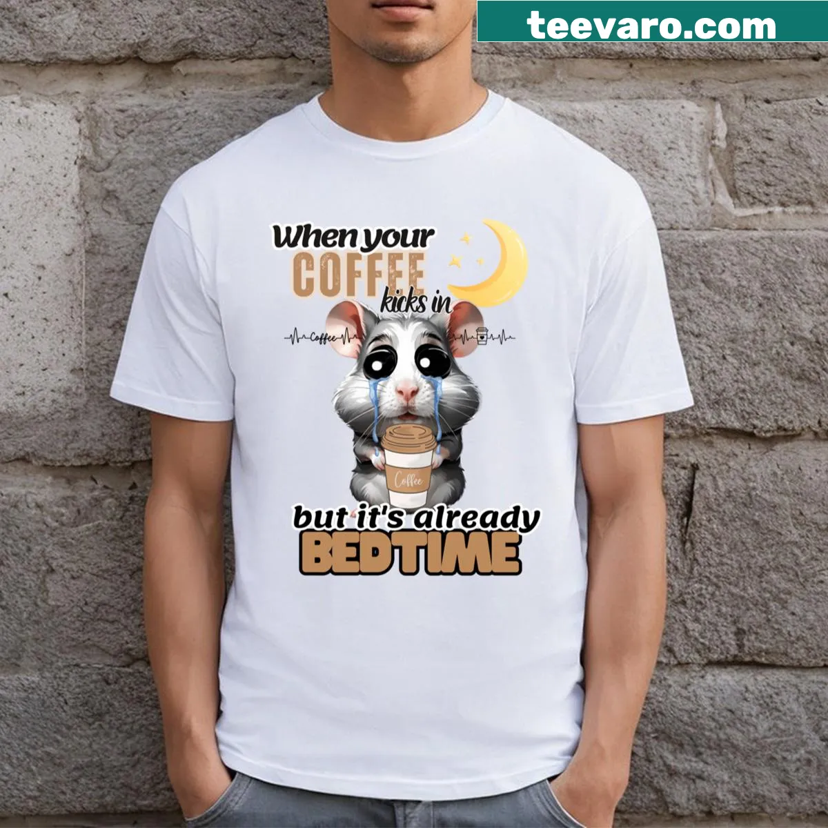 Funny Hamster t-shirt depicting a sad hamster with coffee — on a men's t-shirt