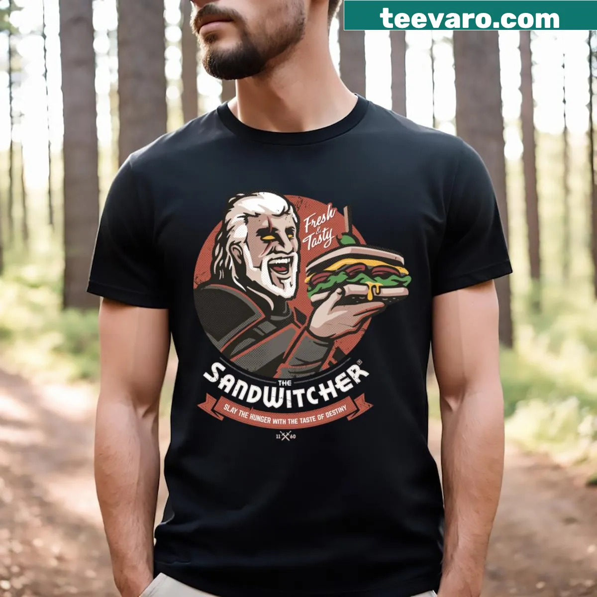 Funny T-shirt featuring a sandwich pun in bold typography — on a men's t-shirt