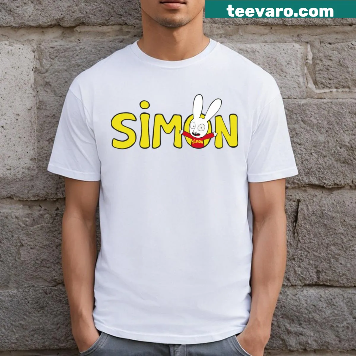 Illustration of a brave rabbit named Simon on a T-shirt — on a men's t-shirt